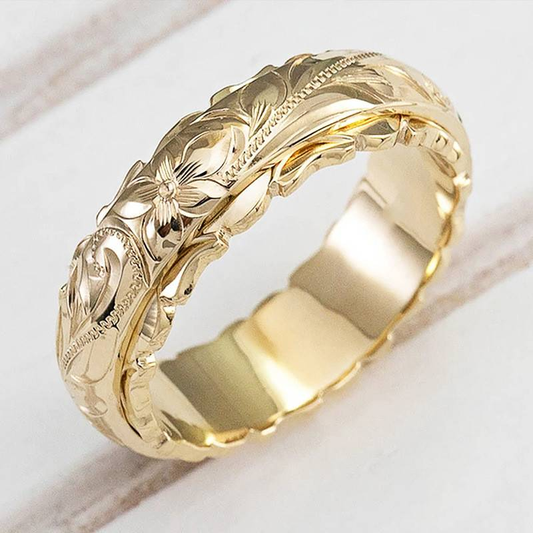 Goldener Blumenring, 14 Karat, graviert, Hochzeitsring, Schmuckdesign, luxuriös, elegant