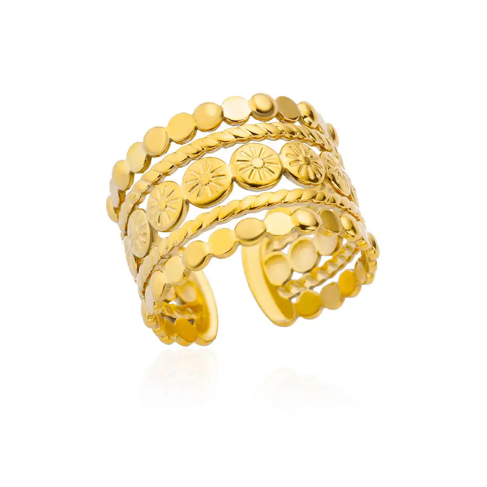 Goldener, breiter Ring mit Münzdesign, Damen-Schmuck, modisch, glänzend, luxuriös.