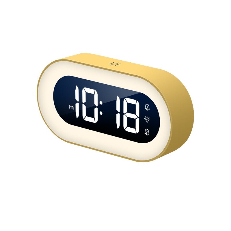 Gelber digitaler Wecker mit LED-Anzeige, modernes Design, Uhrzeit 10:18, batteriebetrieben.
