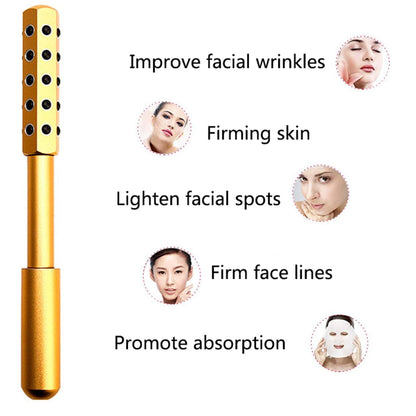 Goldener Gesichtsmassage-Roller zur Hautstraffung und Faltenreduzierung.