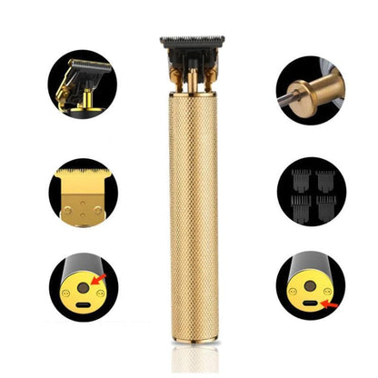 Goldener elektrischer Haarschneider, kabellos, wiederaufladbar, Präzisionsklingen, Friseurwerkzeug.