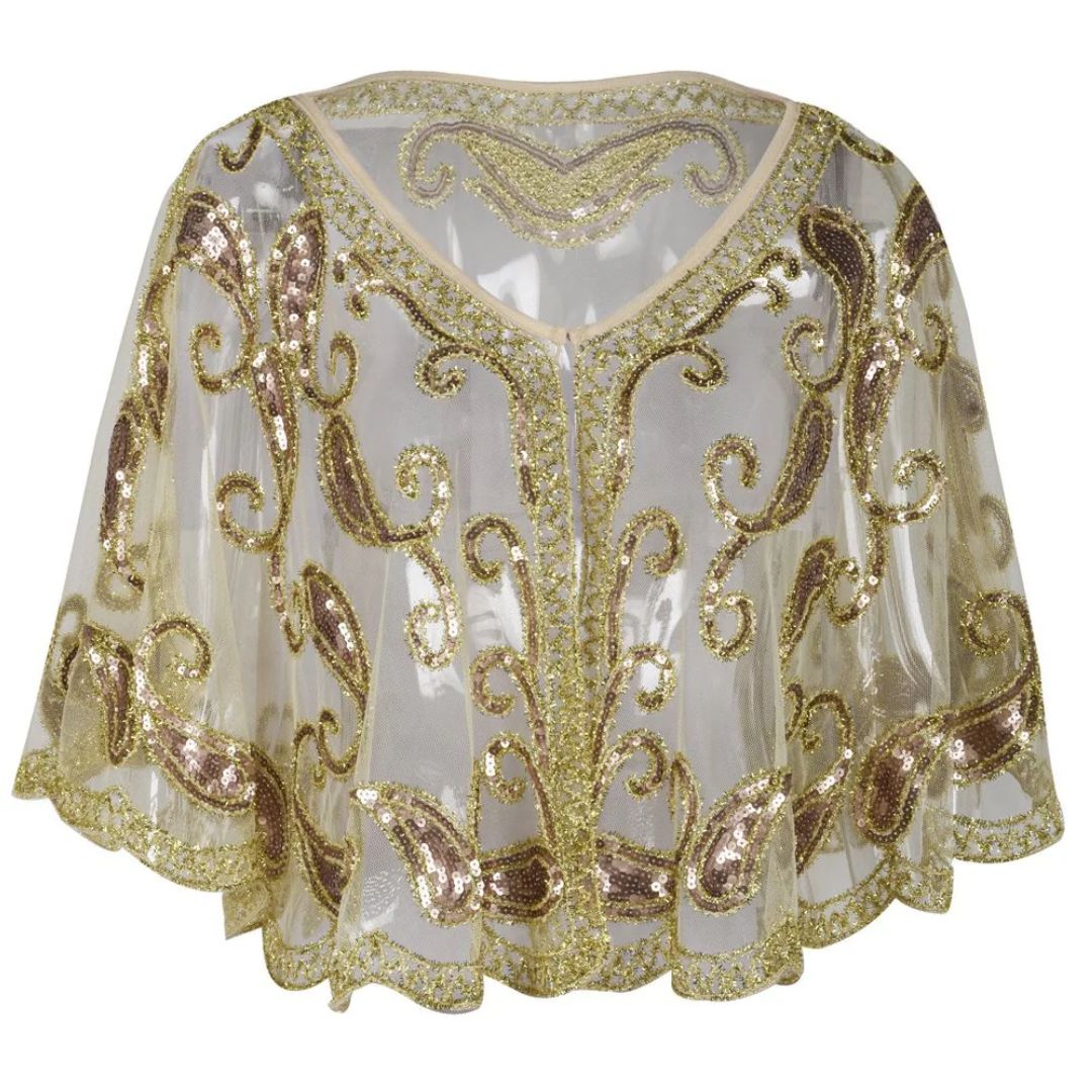 Goldene Pailletten-Cape, transparent, elegant, festlich, Damenmode, Abendgarderobe, glamourös.