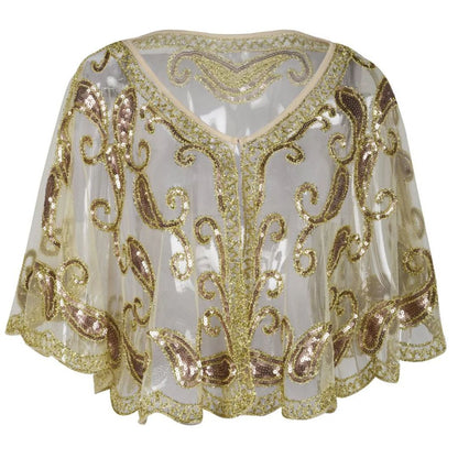 Goldene Pailletten-Cape, transparent, elegant, festlich, Damenmode, Abendgarderobe, glamourös.