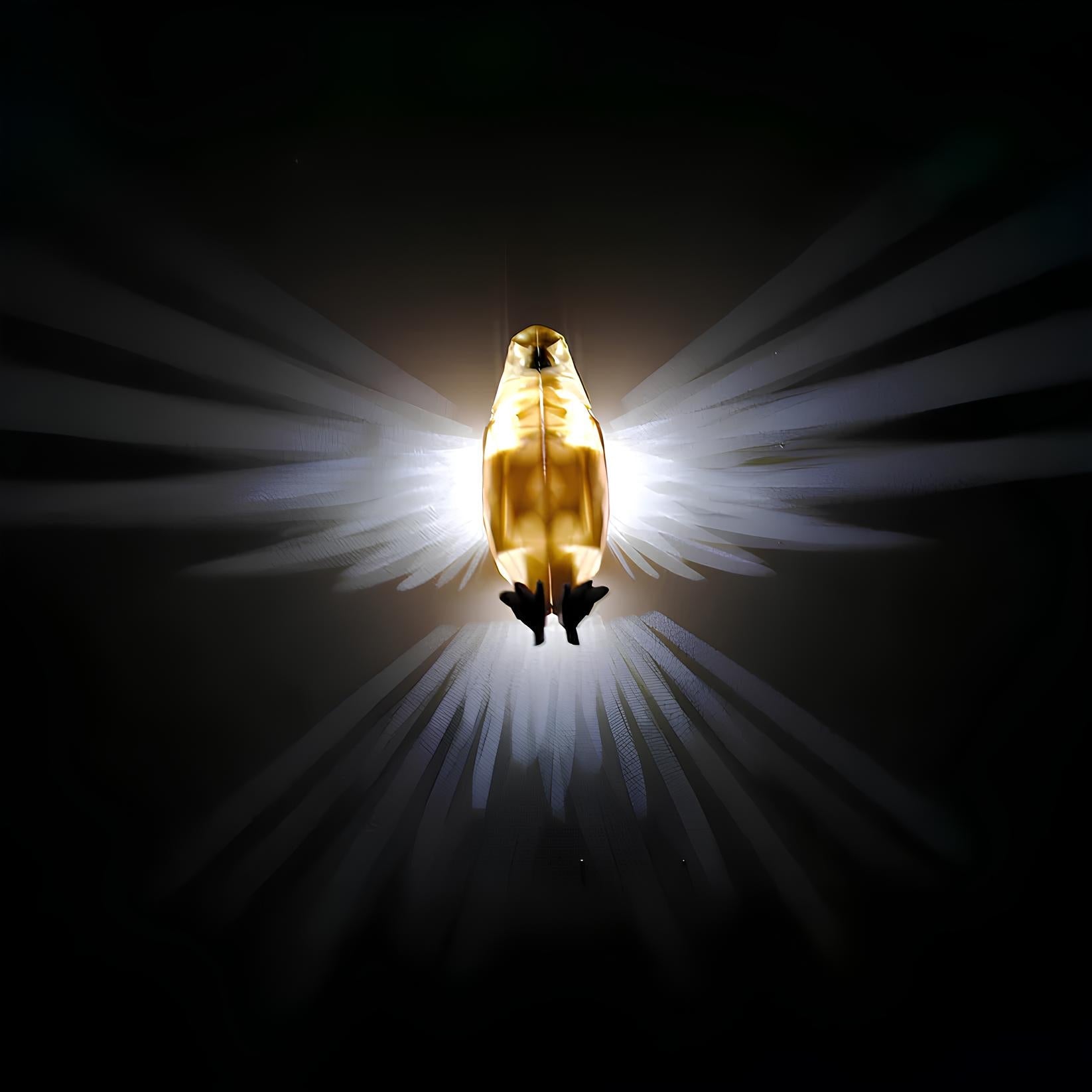 Goldener Vogel mit leuchtenden Flügeln auf schwarzem Hintergrund, symbolisch, mystisch.