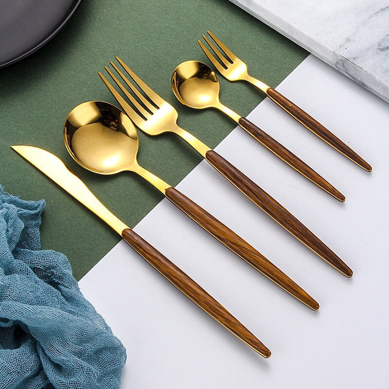 5-teiliges Besteckset Gold Edelstahl Holzgriff, Messer Gabel Löffel, stilvoll modern.