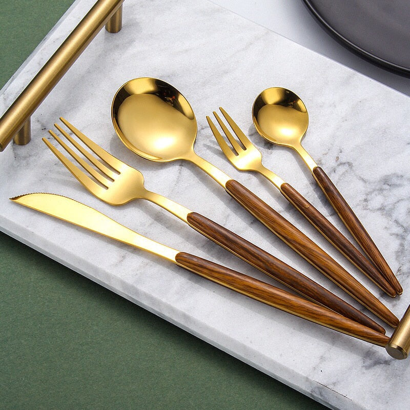 5-teiliges Besteckset Gold Edelstahl Holzgriff, Messer Gabel Löffel, elegantes Design