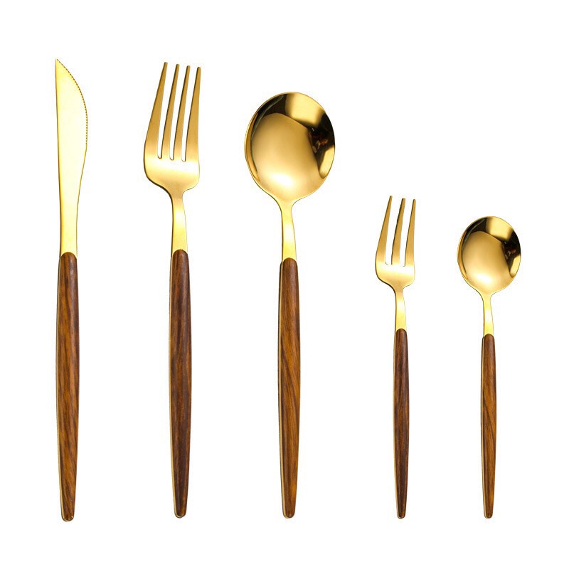 5-teiliges Besteckset Gold Edelstahl Holzgriff Messer Gabel Löffel Essbesteck.