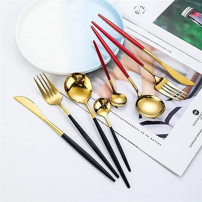 Goldenes Besteckset mit schwarzen und roten Griffen, modernes Design, Edelstahl, 8-teilig.