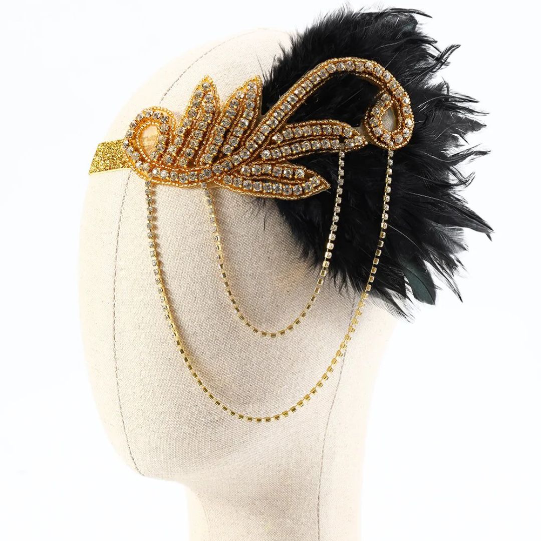 Goldenes Stirnband mit schwarzen Federn und Strasssteinen, Gatsby-Stil, 1920er Jahre Accessoire.
