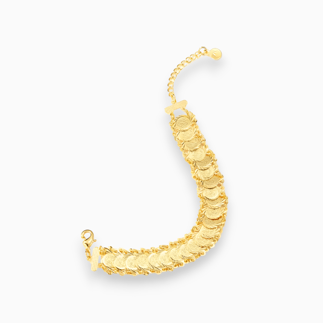 Goldenes Armband mit Münzdesign, verstellbar, modisches Schmuckstück für Damen.