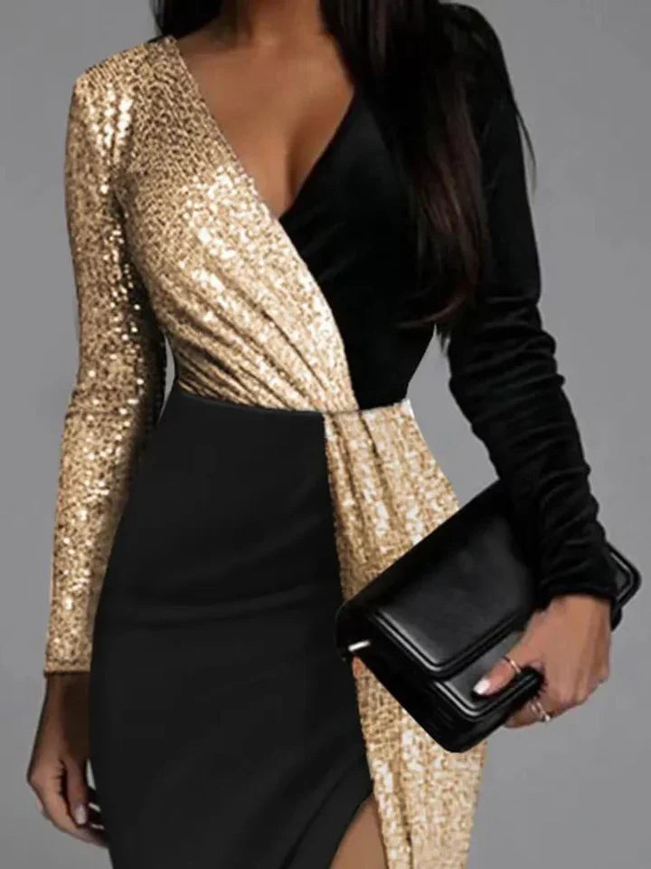 Funkelndes Abendkleid Damen, schwarz-gold, Pailletten, langärmelig, elegantes Design.