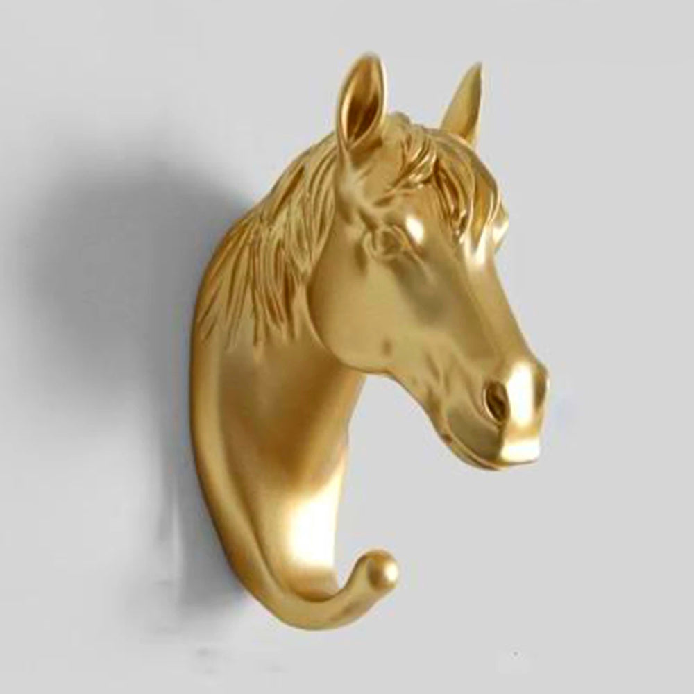 Goldener Pferdekopf-Wandhaken, dekorativ, Metall, modernes Design, Wohnaccessoire.