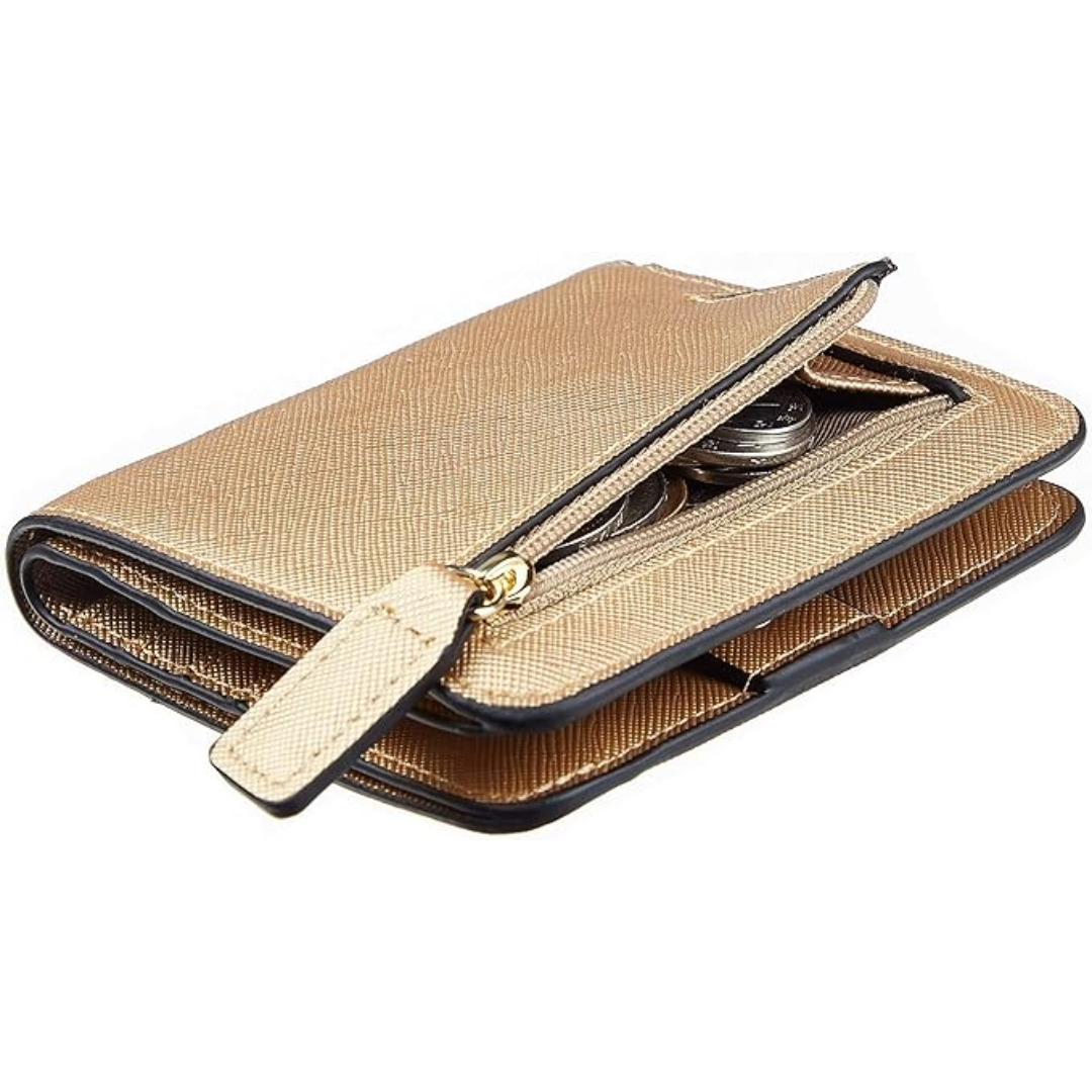 Goldene Damen-Geldbörse aus Leder mit Reißverschluss, kompakt, ideal für Münzen und Karten.