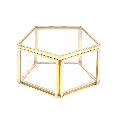 Goldene sechseckige Glasbox, Schmuckaufbewahrung, transparent, dekorativ, modern, stilvoll.