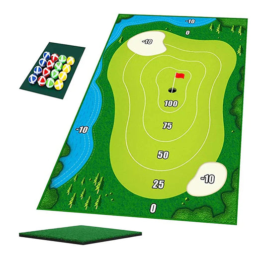 Golf-Übungsmatte mit Zielscheibe, Bällen und Abschlagmatte, ideal für Indoor-Training.
