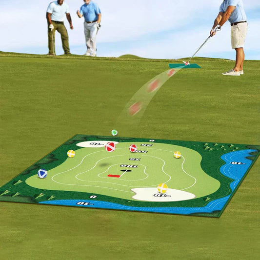 Golf-Übungsmatte auf Rasen mit Zielscheiben, ideal für Präzisionstraining im Freien.