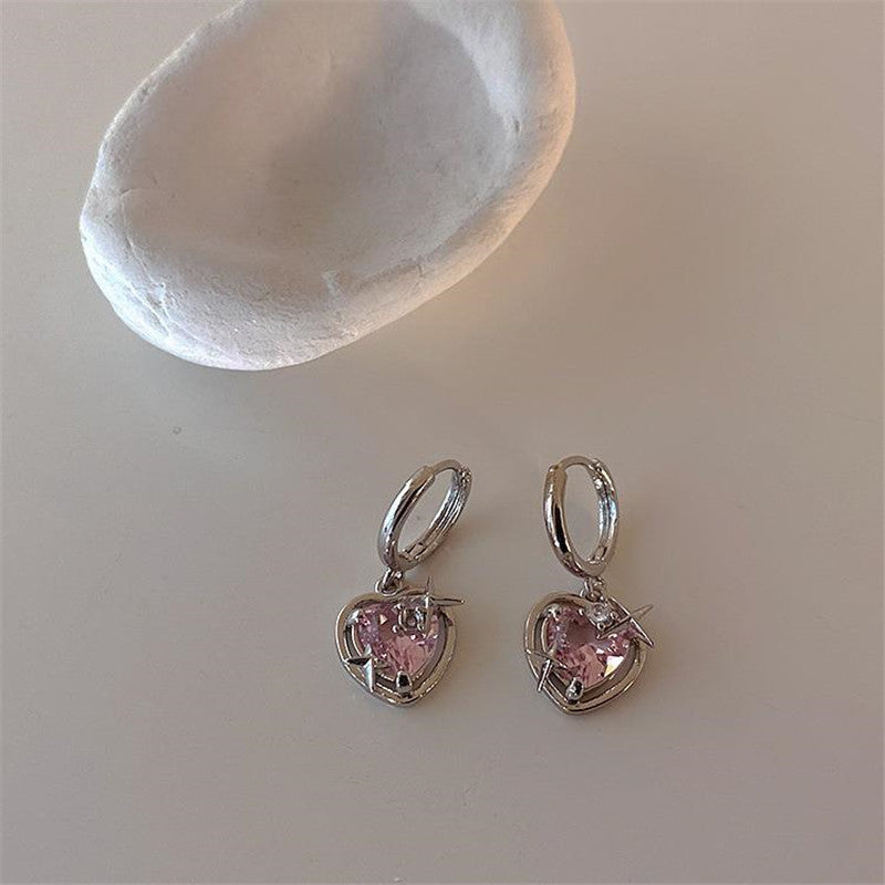 Silberne Ohrringe mit rosa Herzanhänger, Harajuku-Stil, modisch, für Frauen.
