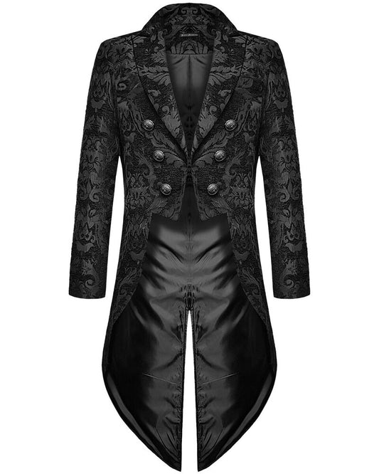 Schwarzer Gothic Steampunk Frack Herrenjacke, Brokat-Damast, Hochzeit, Devil Fashion.