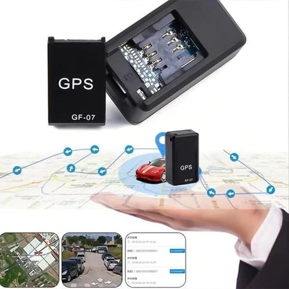 Schwarzer GPS-Tracker GF-07, kompakt, für Fahrzeugortung, Echtzeit-Überwachung.