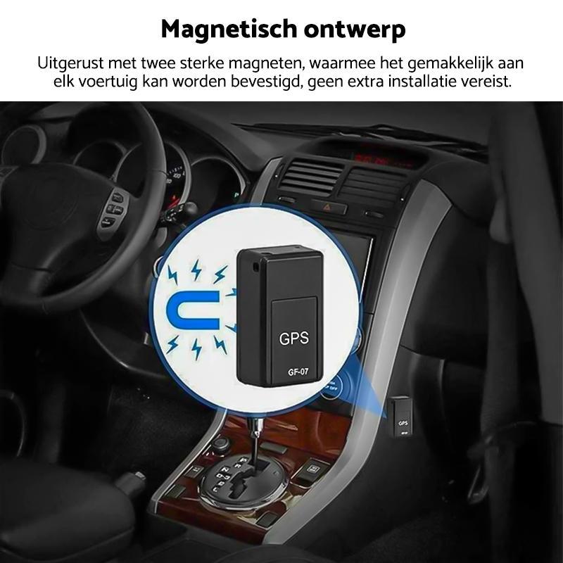 Schwarzer GPS-Tracker GF-07, magnetisch, im Auto installiert, für Fahrzeugüberwachung.