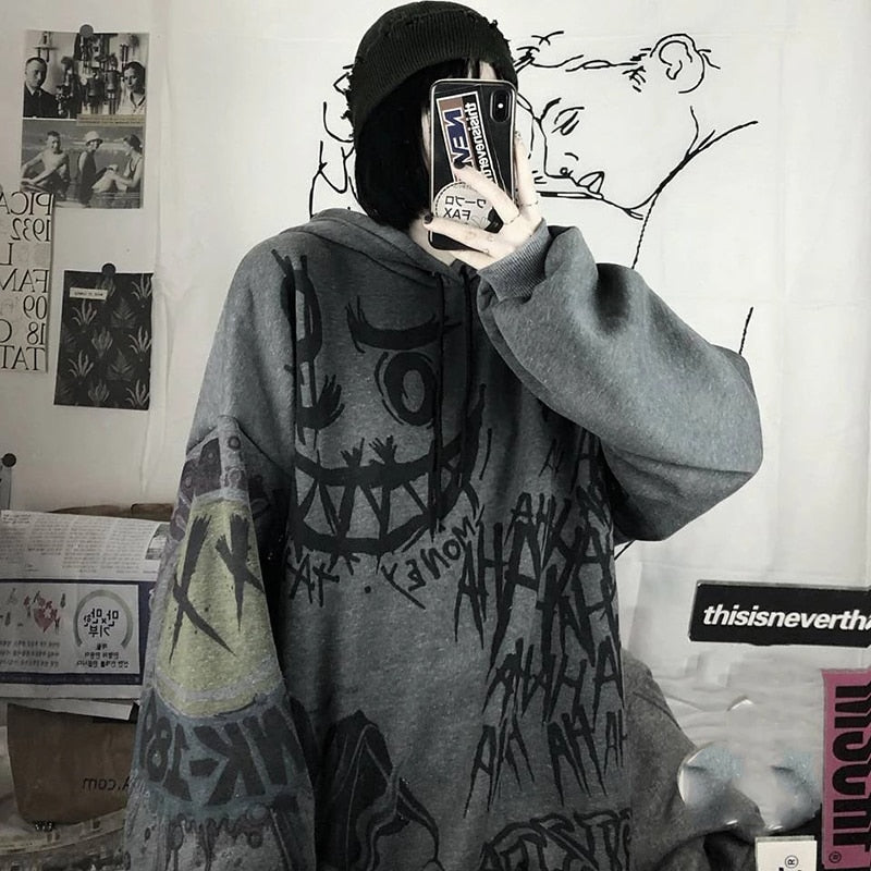 Grauer Oversize-Hoodie mit grafischem Design, Kapuze, Streetwear, Unisex, Baumwolle.