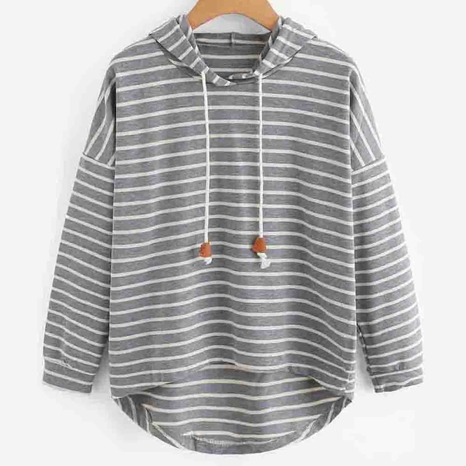 Grauer gestreifter Kapuzenpullover aus Baumwolle, lässig, langärmelig, mit Kordelzug.