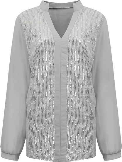 Graue Damenbluse mit Pailletten, V-Ausschnitt, lange Ärmel, elegant, festlich.