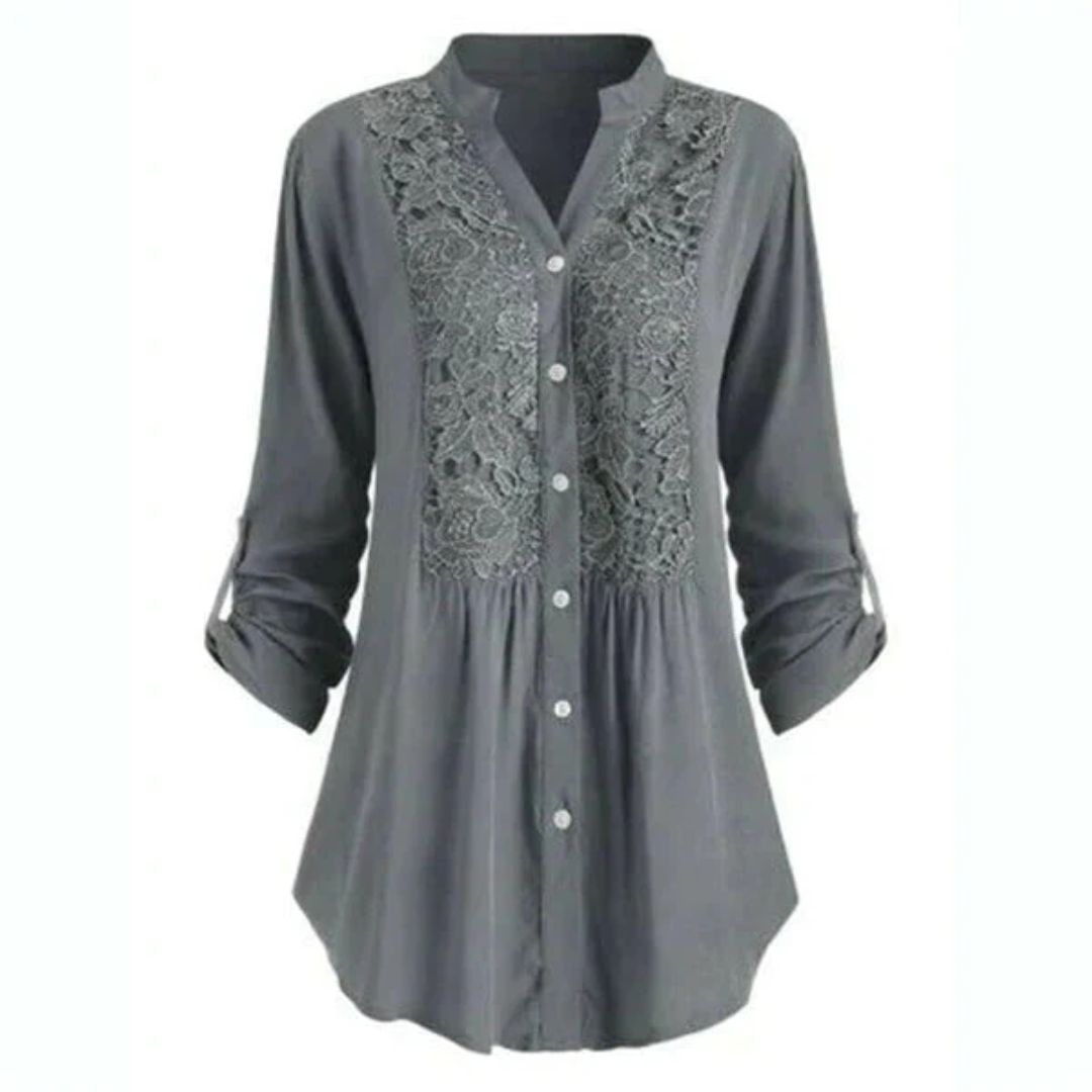 Graue Damenbluse mit Spitzenbesatz, Knopfleiste, langen Ärmeln, elegant, modisch.