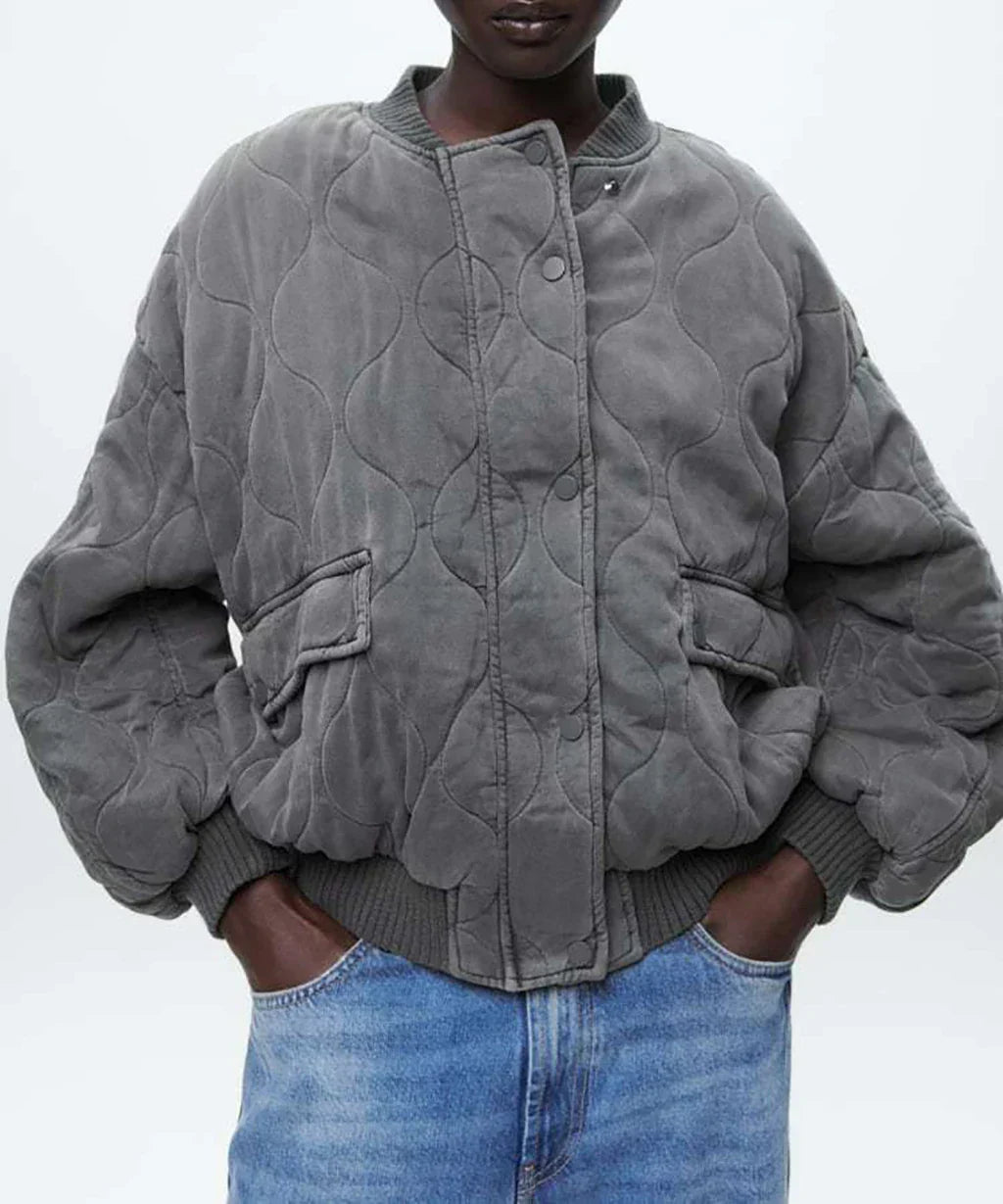 Graue Damen-Bomberjacke, gesteppt, langärmelig, lässig, modisch, 2023.