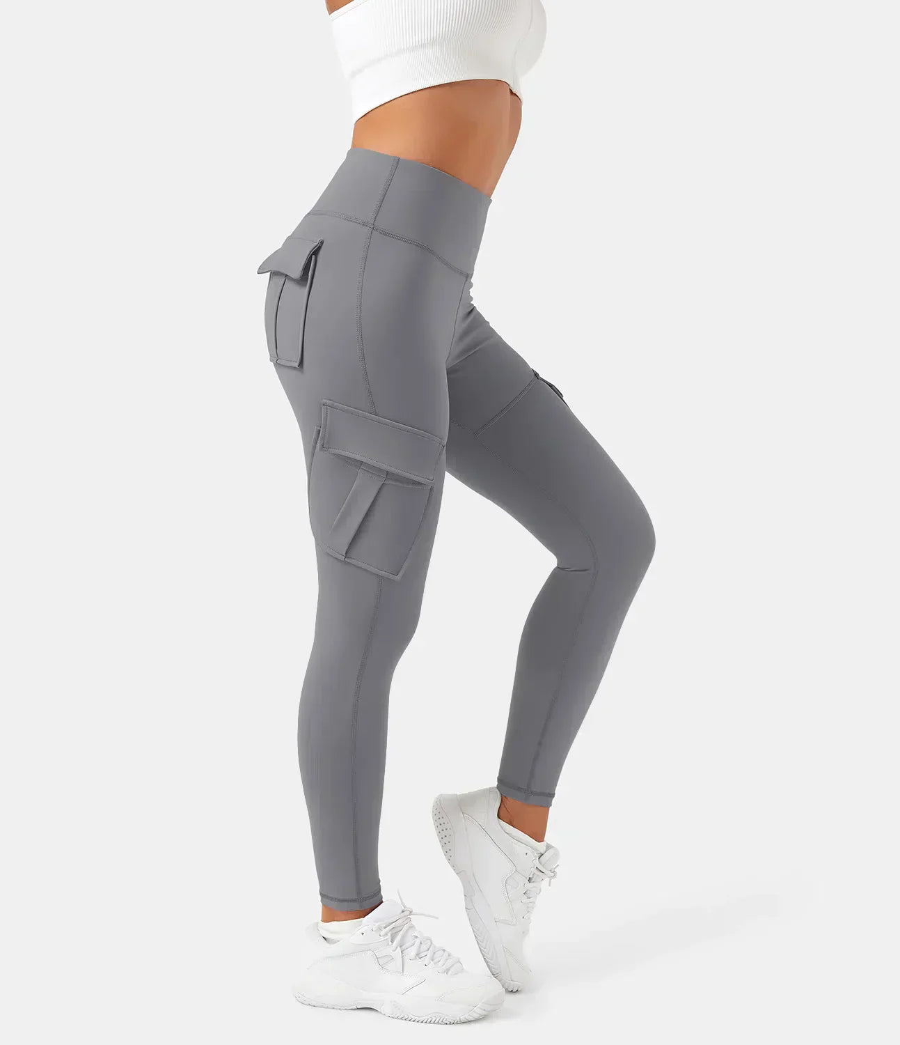 Damen graue Cargohose, hohe Taille, Seitentaschen, sportlich, elastisch, bequem.