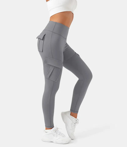 Damen graue Cargohose, hohe Taille, Seitentaschen, sportlich, elastisch, bequem.