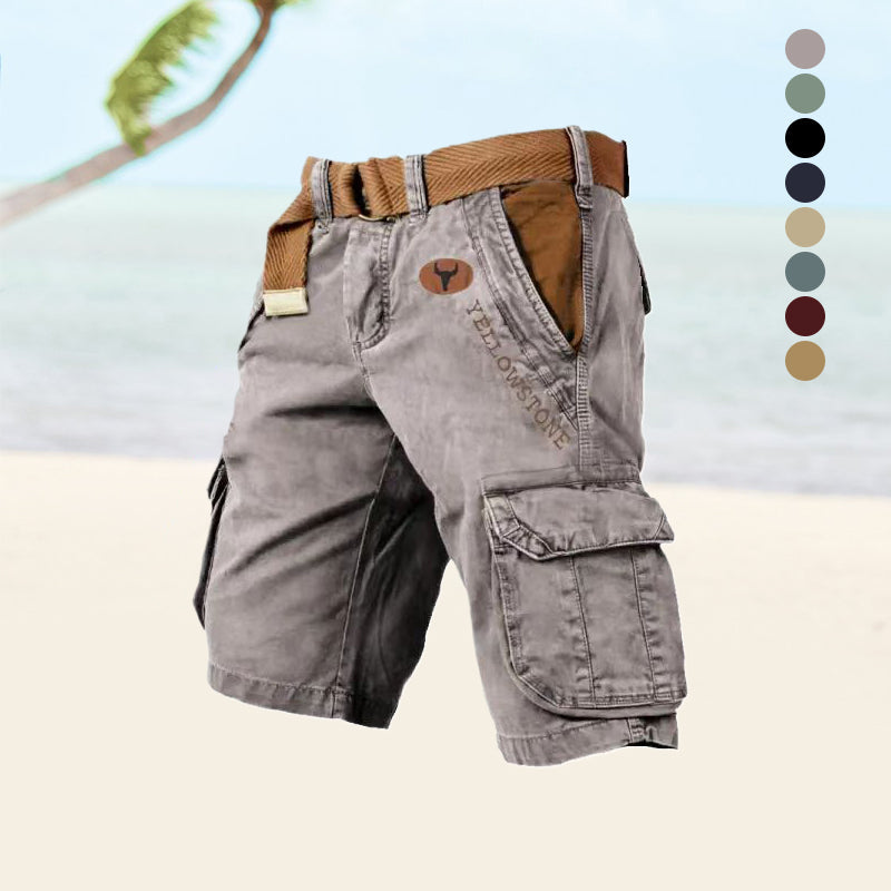 Graue Cargo-Shorts aus Baumwolle mit Gürtel, ideal für Outdoor-Aktivitäten am Strand.