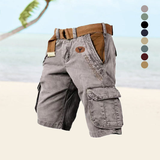 Graue Cargo-Shorts aus Baumwolle mit Gürtel, ideal für Outdoor-Aktivitäten am Strand.