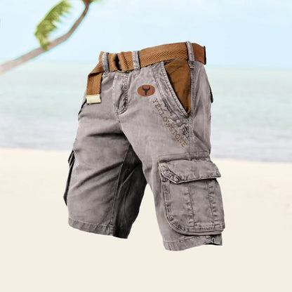 Graue Cargo-Shorts aus Baumwolle mit Gürtel, ideal für Sommer und Strand.