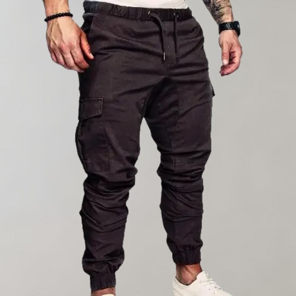 Graue Herren-Cargohose, elastischer Bund, Seitentaschen, Freizeitmode, Baumwolle.