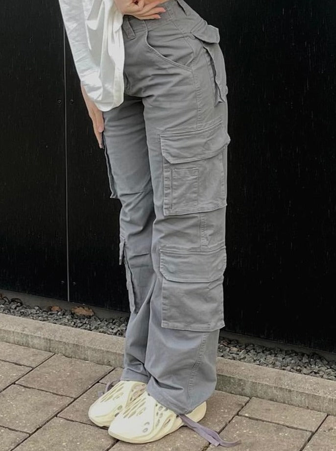 Graue Cargohose Damen, lässig, mit Seitentaschen, Streetwear, Baumwolle, modisch.