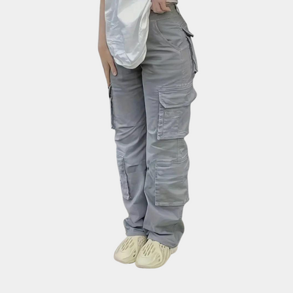 Graue Cargo-Hose Damen, Mehrzweck-Taschen, Freizeitmode, Baumwolle, bequeme Passform