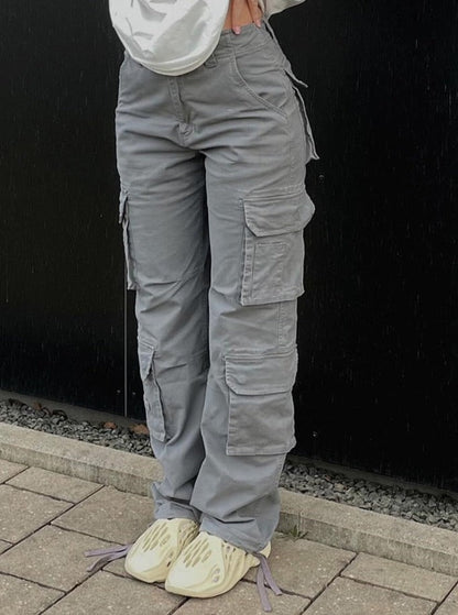 Graue Cargo-Hose Damen, Baumwolle, Taschen, lässig, modisch, Streetwear, Outdoor, bequem.
