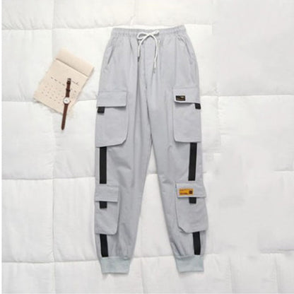Graue Cargohose mit Taschen, Kordelzug, Baumwolle, Herrenmode, lässig, Streetwear.
