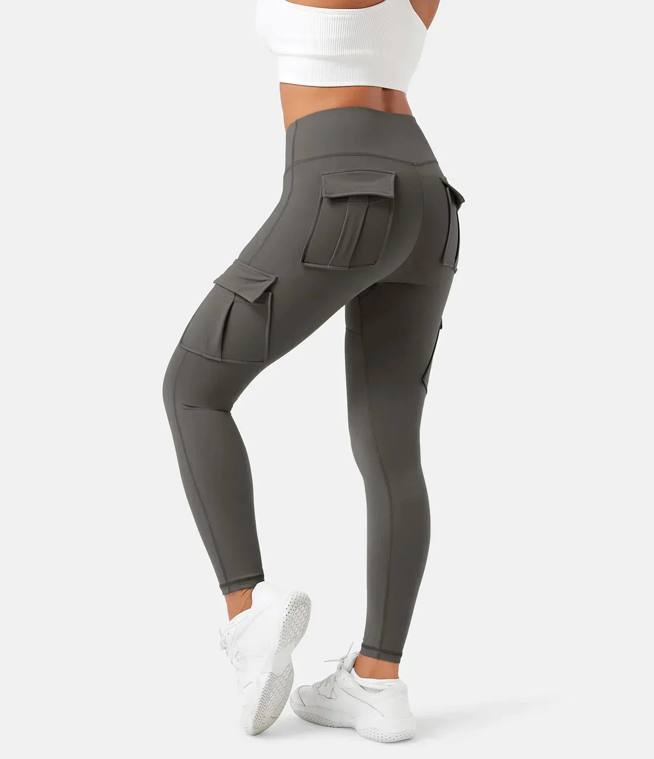 Damen-Cargoleggings, grau, hohe Taille, Taschen, Sportbekleidung, elastisch, bequem