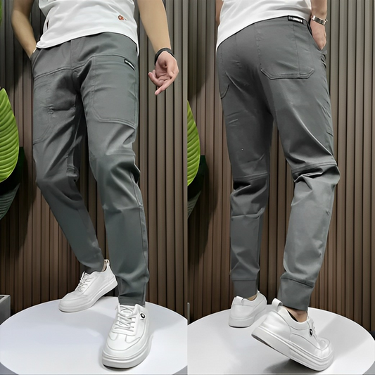 Graue Herren-Chinohose, Slim Fit, Baumwolle, lässig, mit Taschen, modisch, bequem.