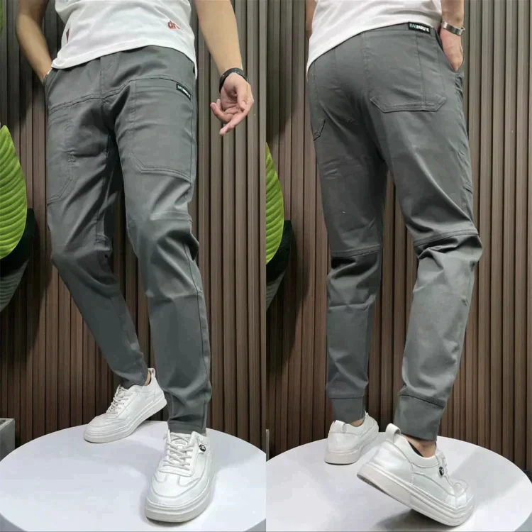 Graue Herren-Chinohose, Slim Fit, Baumwolle, lässig, mit Taschen, modisch, bequem.