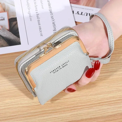 Damen-Geldbörse aus grauem Leder mit Reißverschluss und Schnappverschluss, elegante Handtasche.