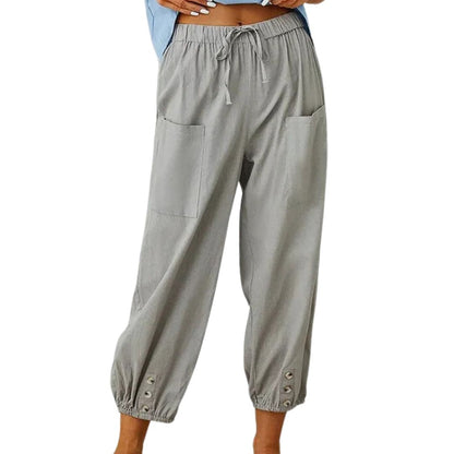 Graue Damen-Leinenhose mit Taschen, elastischem Bund und Knöpfen, lässige Sommermode.