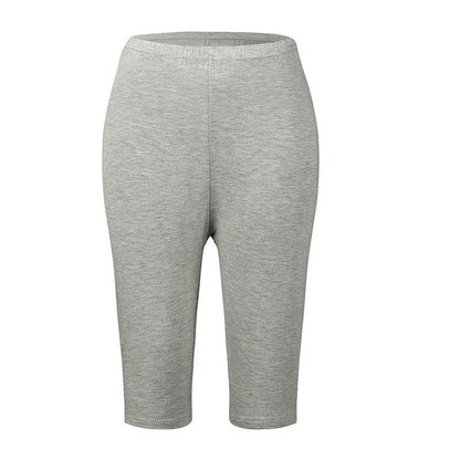 Graue Damen-Radlerhose, knielang, elastisch, bequem, ideal für Sport und Freizeit.