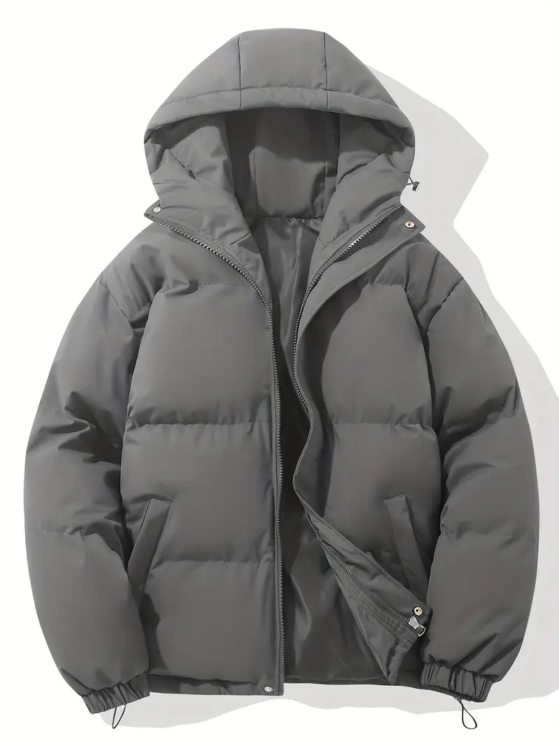 Graue Daunenjacke mit Kapuze, Reißverschluss, warm, Wintermode, Herrenbekleidung.