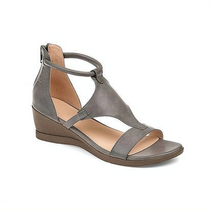 Graue Damen-Sandale mit Keilabsatz, Leder, modisch, bequem, Sommermode.