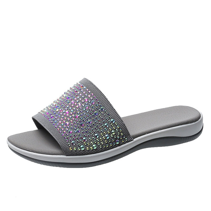 Graue Damen-Sandale mit Glitzersteinen, bequem, modisch, rutschfest, Sommerschuh.