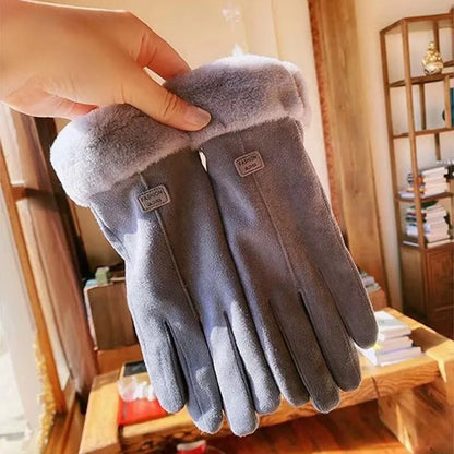 Graue Damenhandschuhe aus Wildleder mit Fellfutter, warm, elegant, Wintermode.