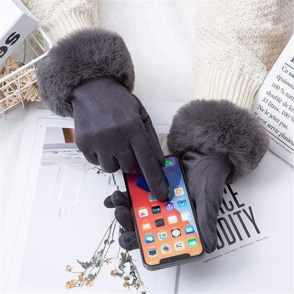 Graue Damenhandschuhe aus Kunstpelz, Touchscreen-kompatibel, warm, elegant, Wintermode.